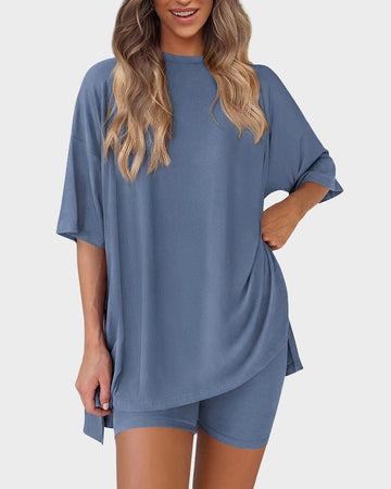 Casual Oversized 2-Piece Lounge Set with Crewneck & Split Hem