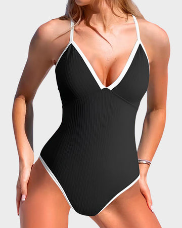 Deep V Ribbed Cross Back One-Piece Swimsuit