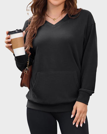 Hoodless Oversized Fleece V-Neck Sweatshirt Top
