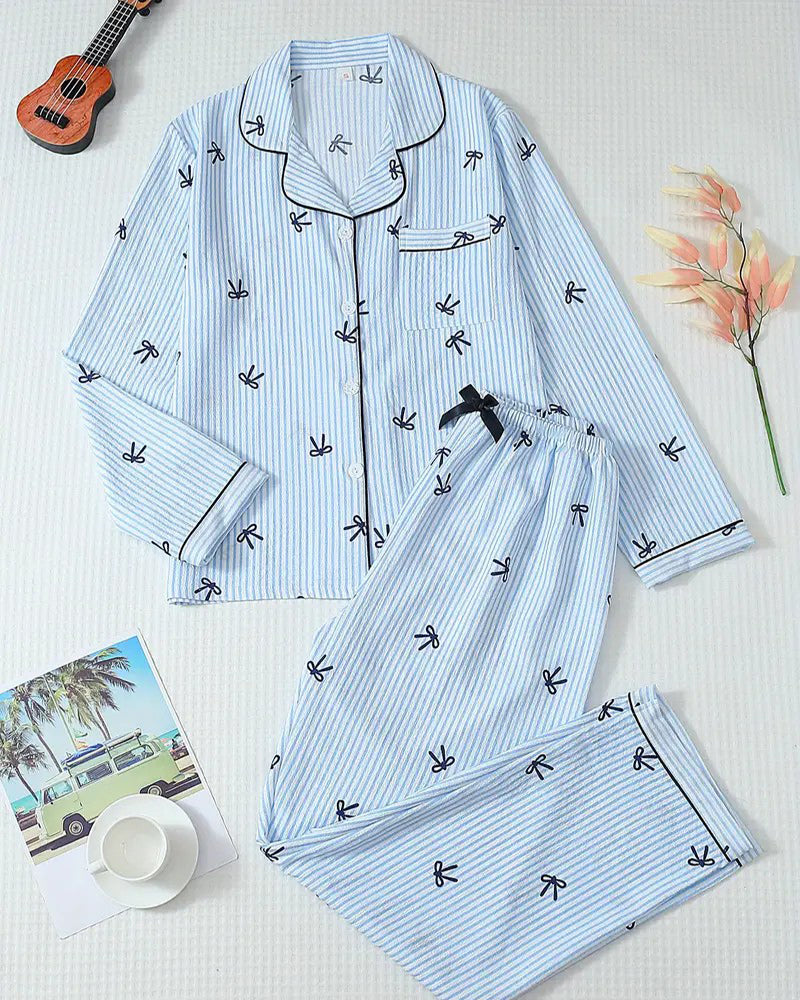 Striped Bow Print Long Sleeve Pajama Set