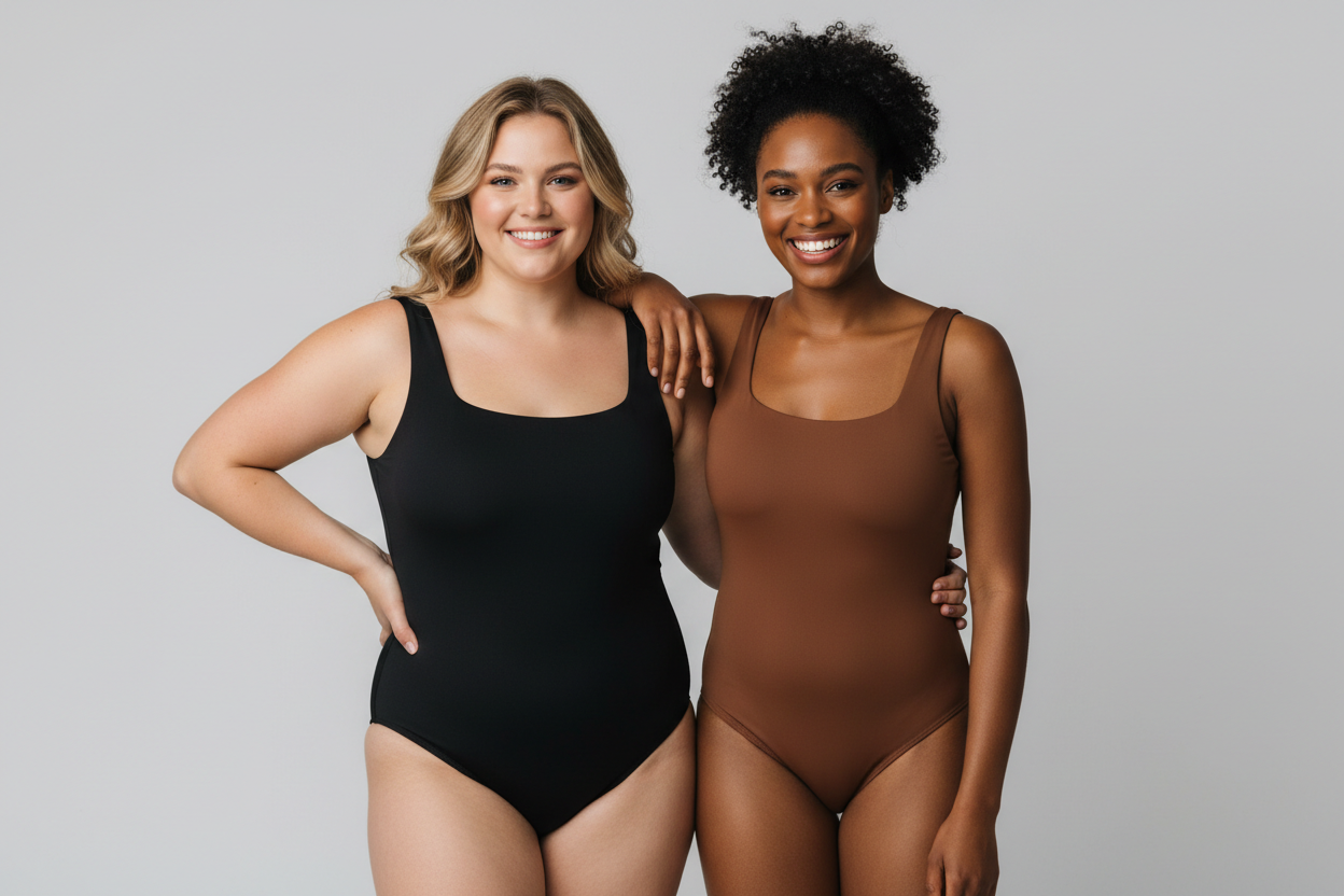 Two young women, likely in their late twenties to early thirties, pose against a plain, light gray background. The woman on the left is Caucasian with blonde hair, wearing a black, square-neckline one-piece swimsuit. She has a curvy build and is smiling with a relaxed expression, her left hand on her hip. The woman on the right is of African descent, with dark curly hair, and is wearing a brown, square-neckline one-piece swimsuit. She is smiling and has her arm around the shoulder of the woman on the left. 